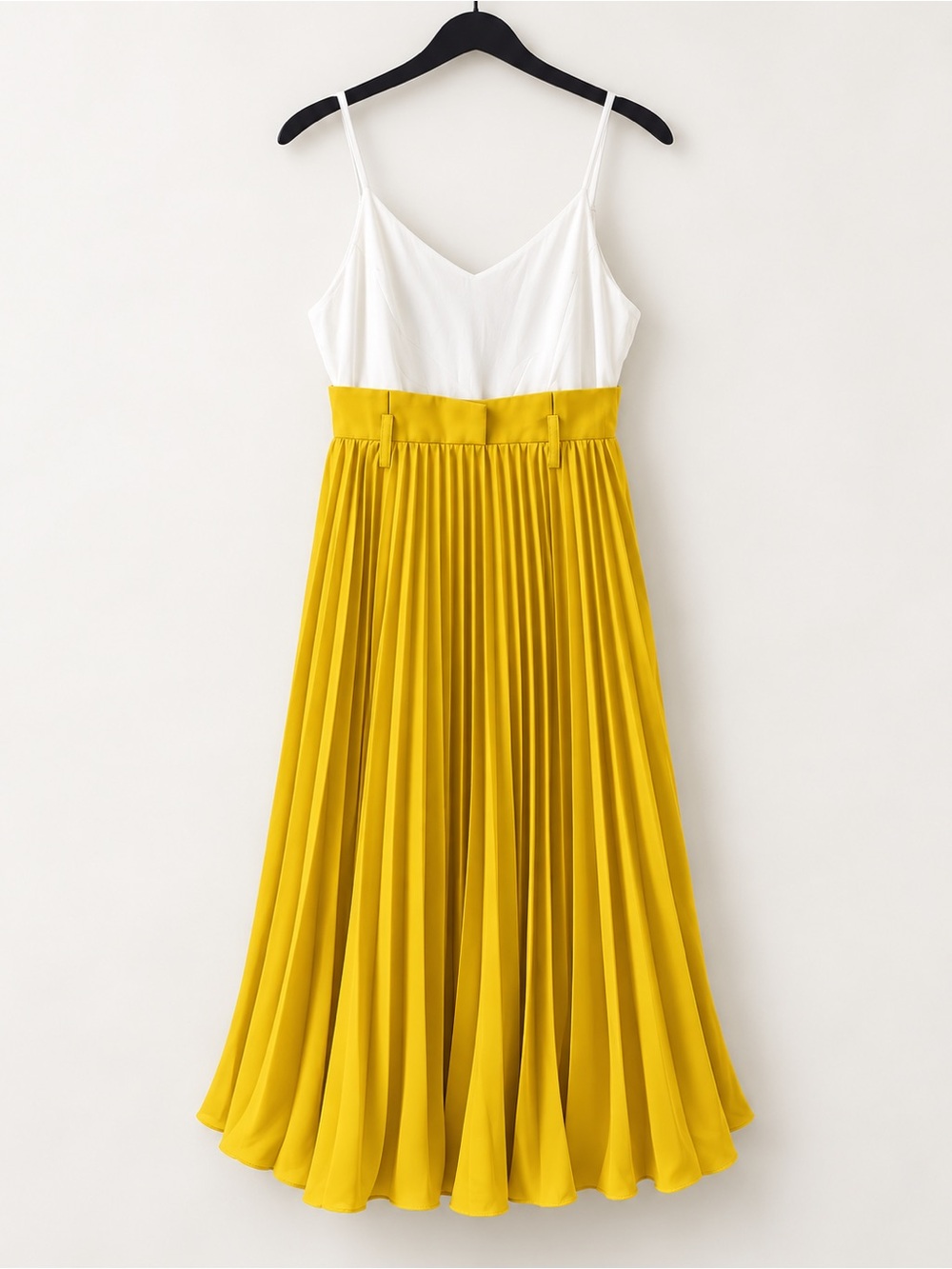 AKIRA White & Mustard Yellow Pleated Midi Dress Spaghetti Strap Colorblock
